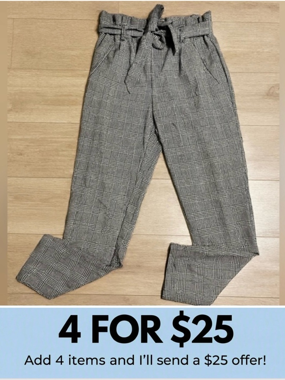 Zara Trafaluc Paper Bag Bow Gray Plaid Pants Size XS